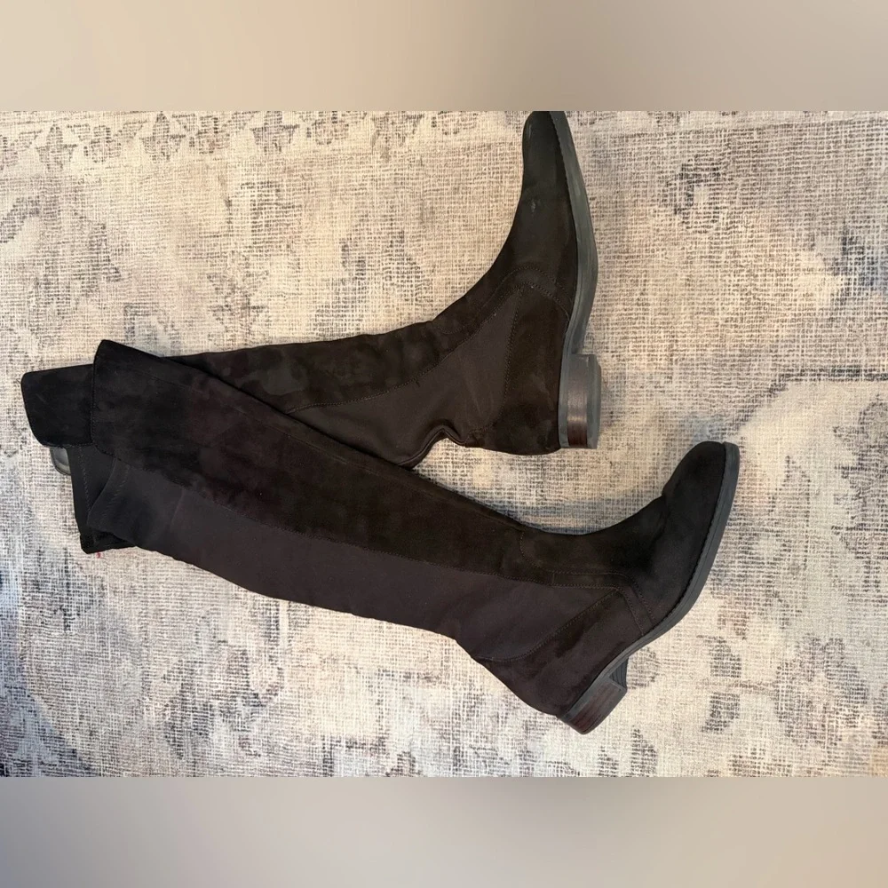 AUDREY BROOKE TAMELA OTK BOOTS 7.5 DARK BROWN SUEDE AND STRETCH 50/50 ($179)